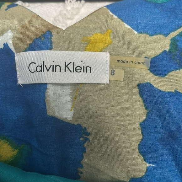 CALVIN KLEIN Layered Ruffled Tiered Midi Blue & Green Shift Dress sz 8 - Picture 3 of 3